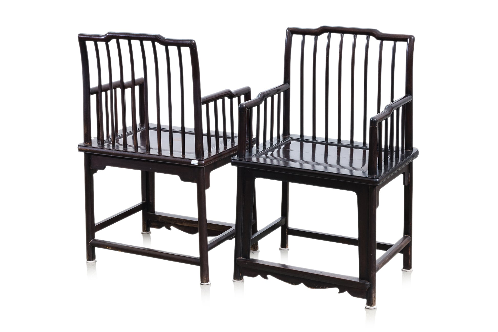 A PAIR OF RAIL BACK HARDWOOD ARMCHAIRS AND SIDE TABLE