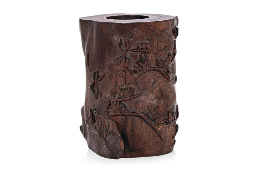A CARVED HARDWOOD BRUSH POT