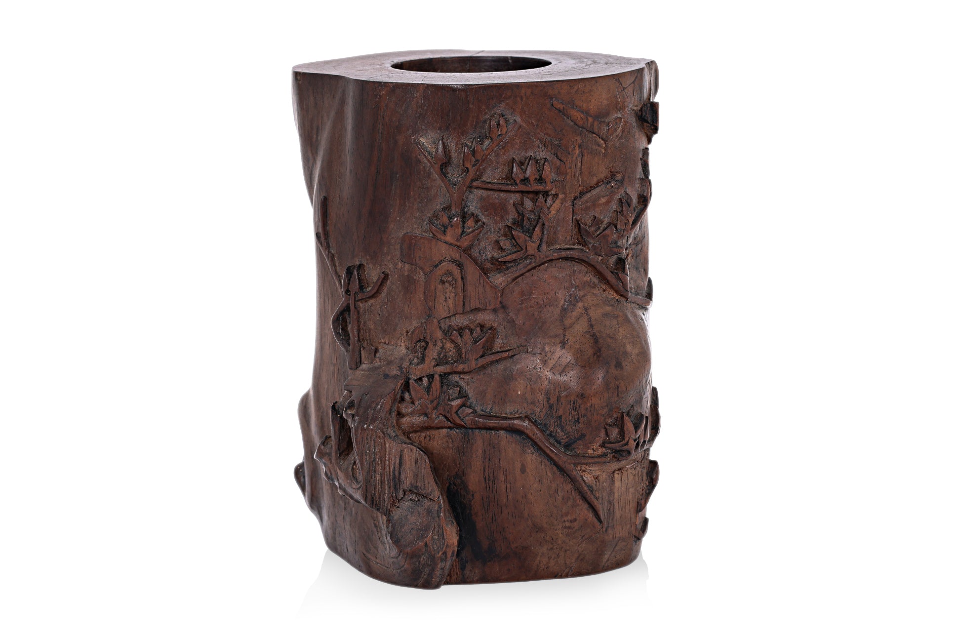 A CARVED HARDWOOD BRUSH POT