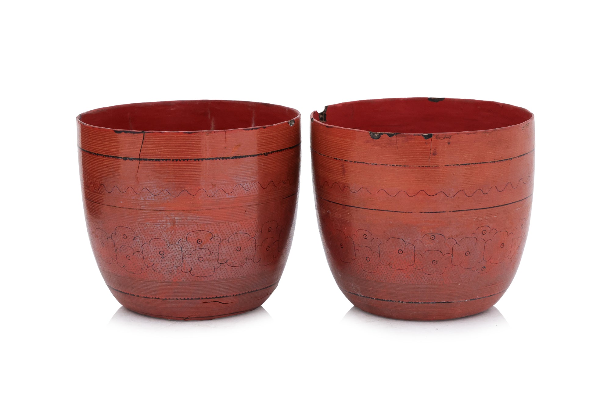 A GROUP OF FIVE BURMESE RED LACQUERED BOXES AND CUPS (5)