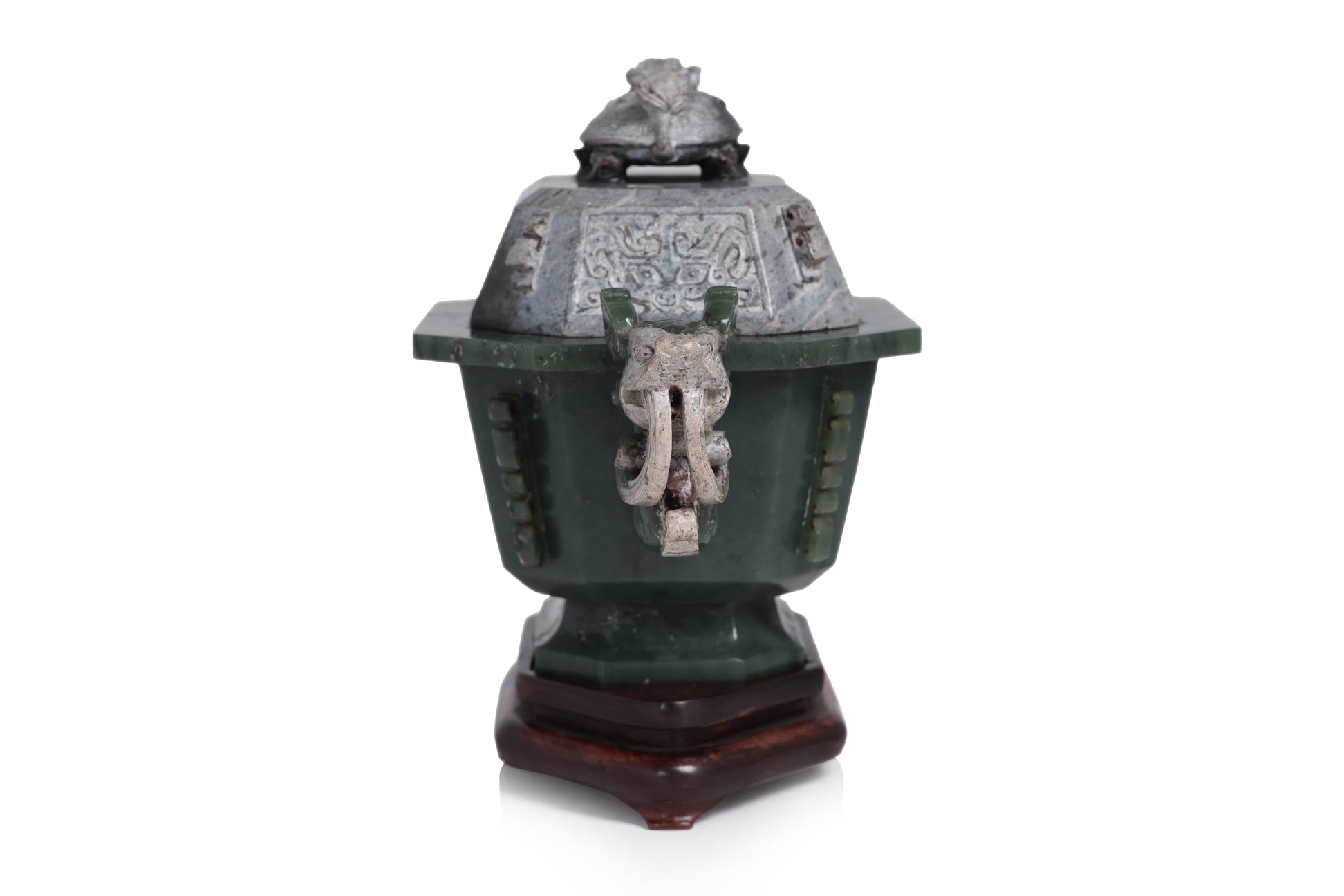 A SPINACH GREEN JADE ARCHAISTIC TWIN HANDLED CENSER AND COVER