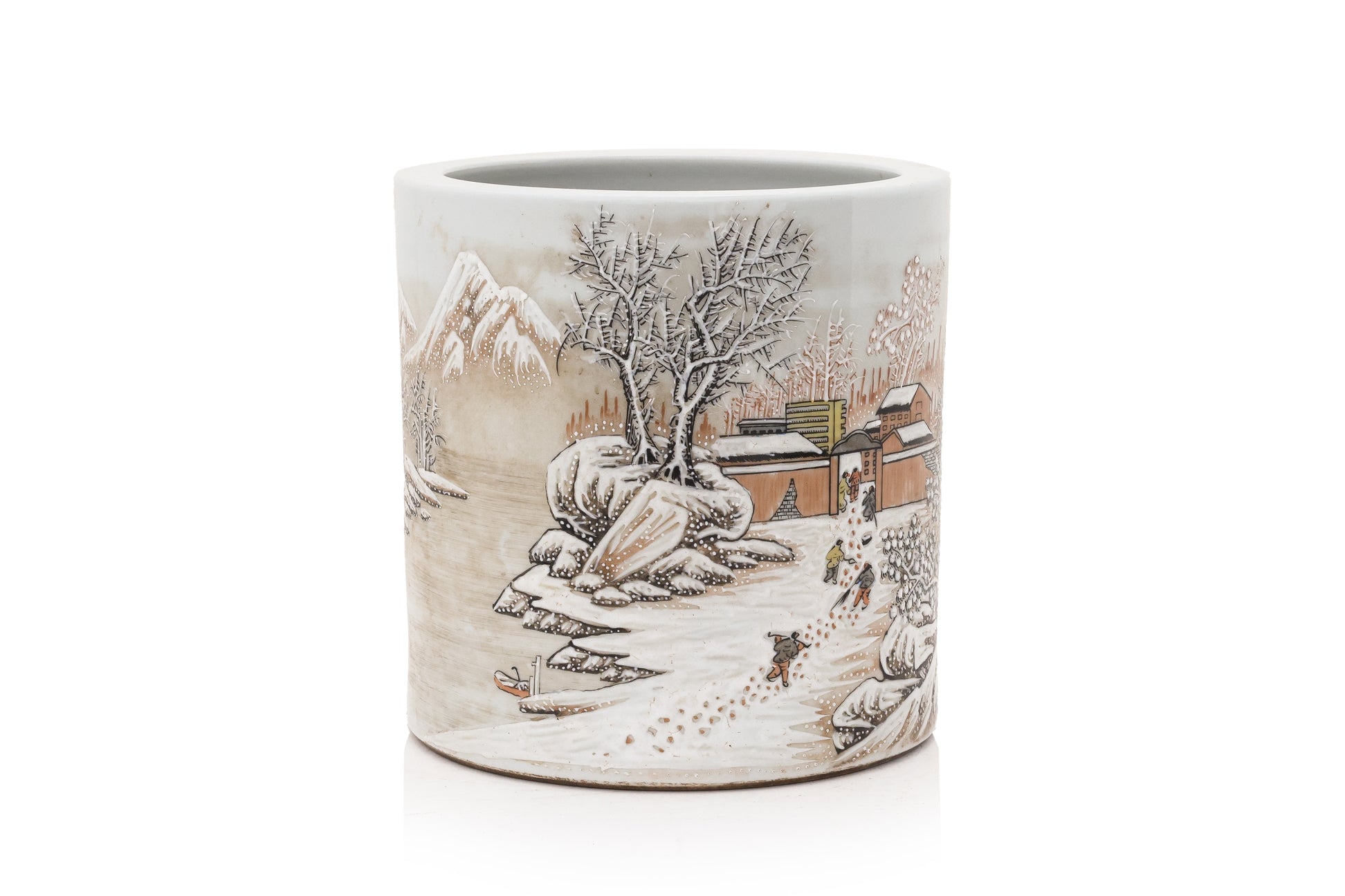 A WINTER LANDSCAPE DECORATED BRUSHPOT IN THE MANNER OF HE XUREN
