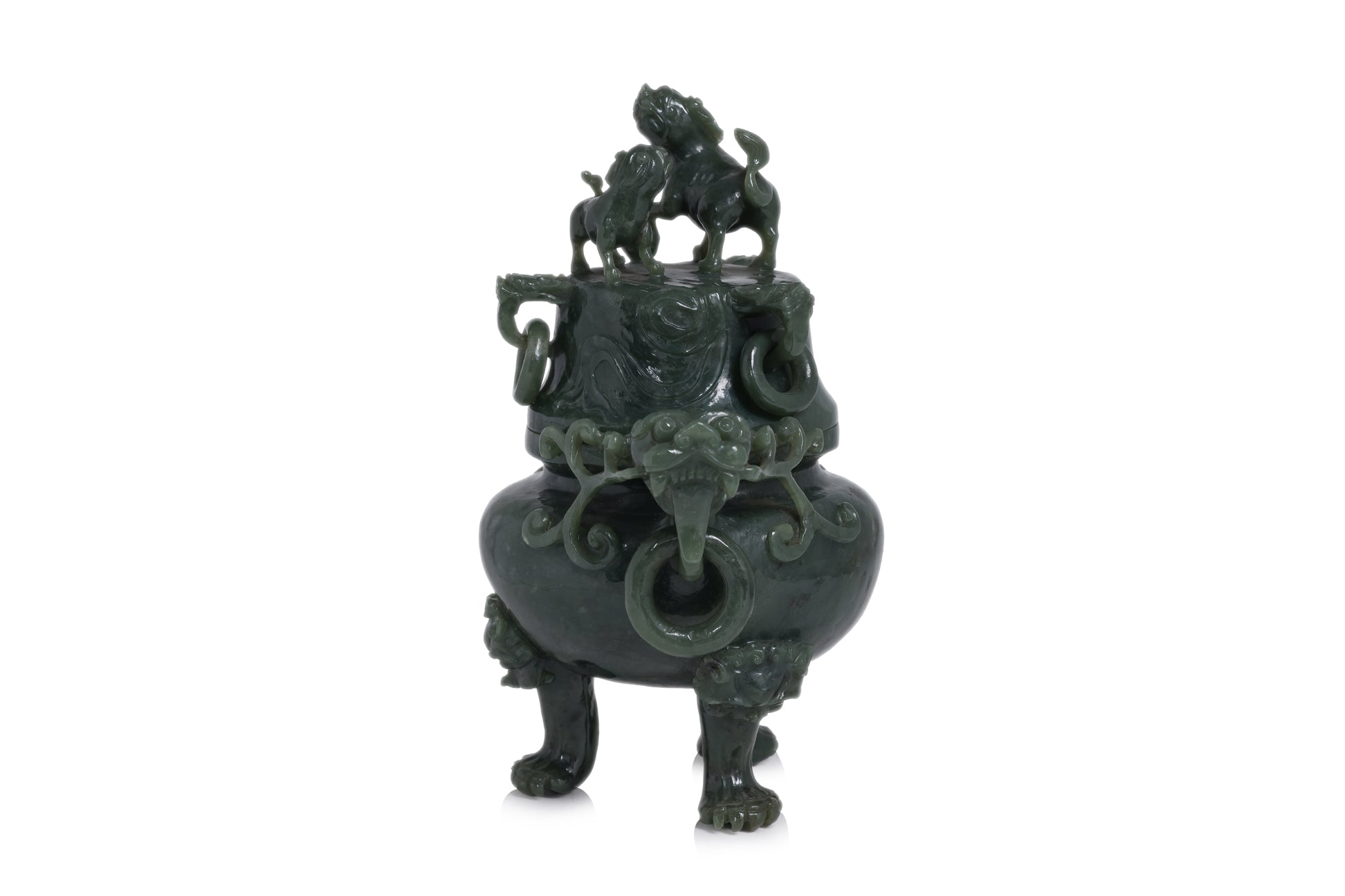 A GREEN JADE TRIPOD CENSER AND COVER