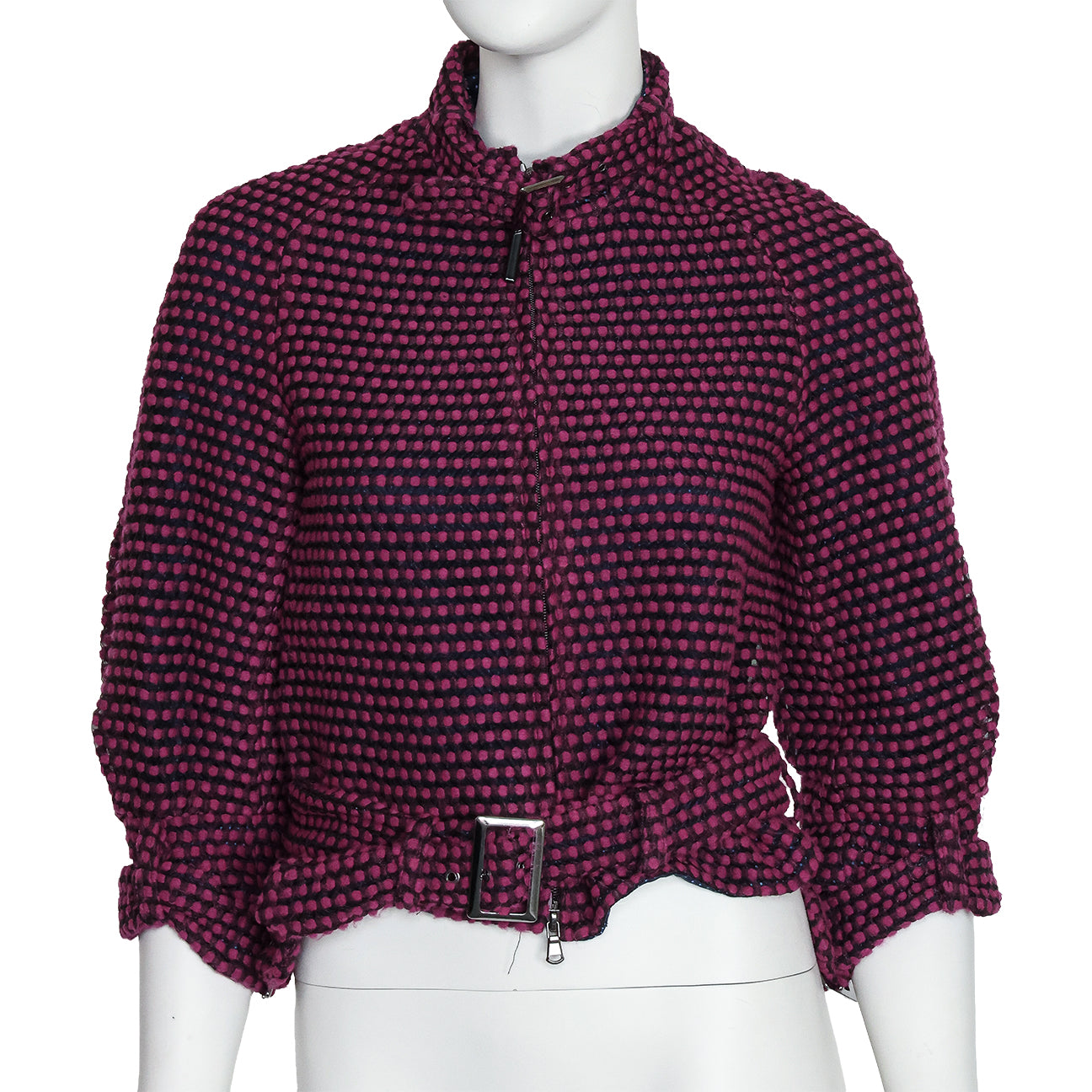 EMPORIO ARMANI - A PINK AND BLACK BELTED JACKET WITH BUCKET DETAILS, PRE-FALL 2014