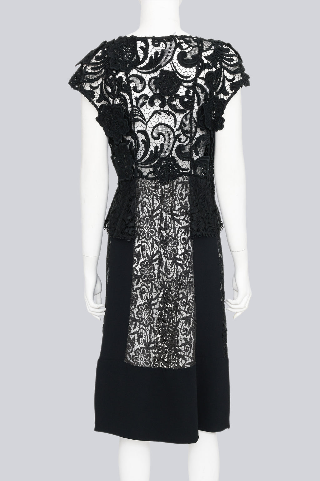 PRADA - A 2008 BLACK COTTON BLEND HEAVY LACE APPLIQUE PANELLED DRESS