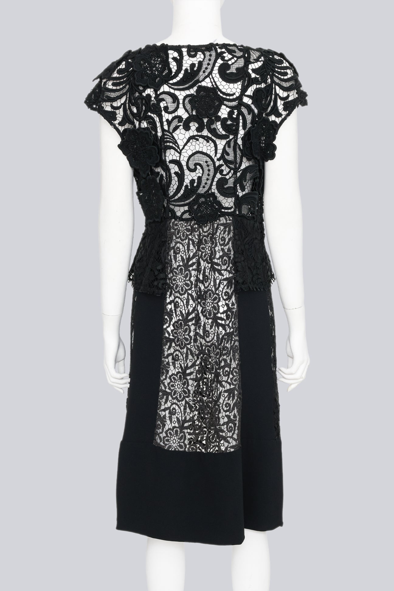 PRADA - A 2008 BLACK COTTON BLEND HEAVY LACE APPLIQUE PANELLED DRESS