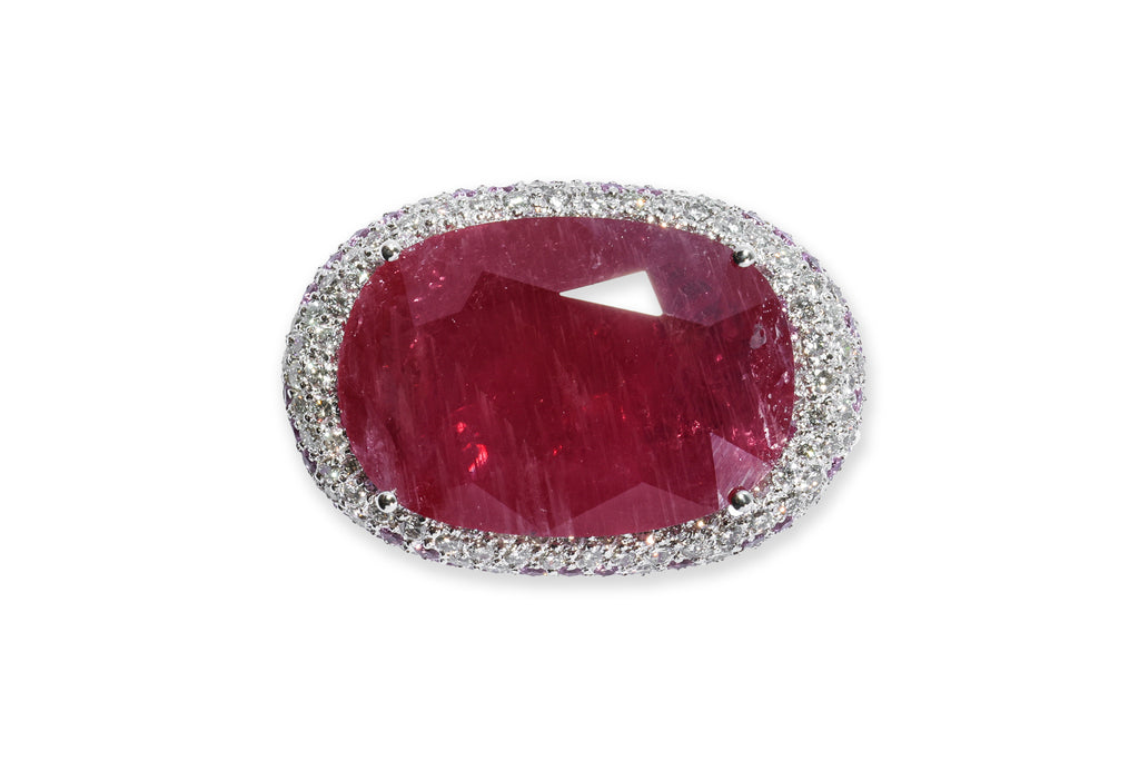 A LEAD GLASS FILLED RUBY, PINK SAPPHIRE AND DIAMOND PENDANT BROOCH