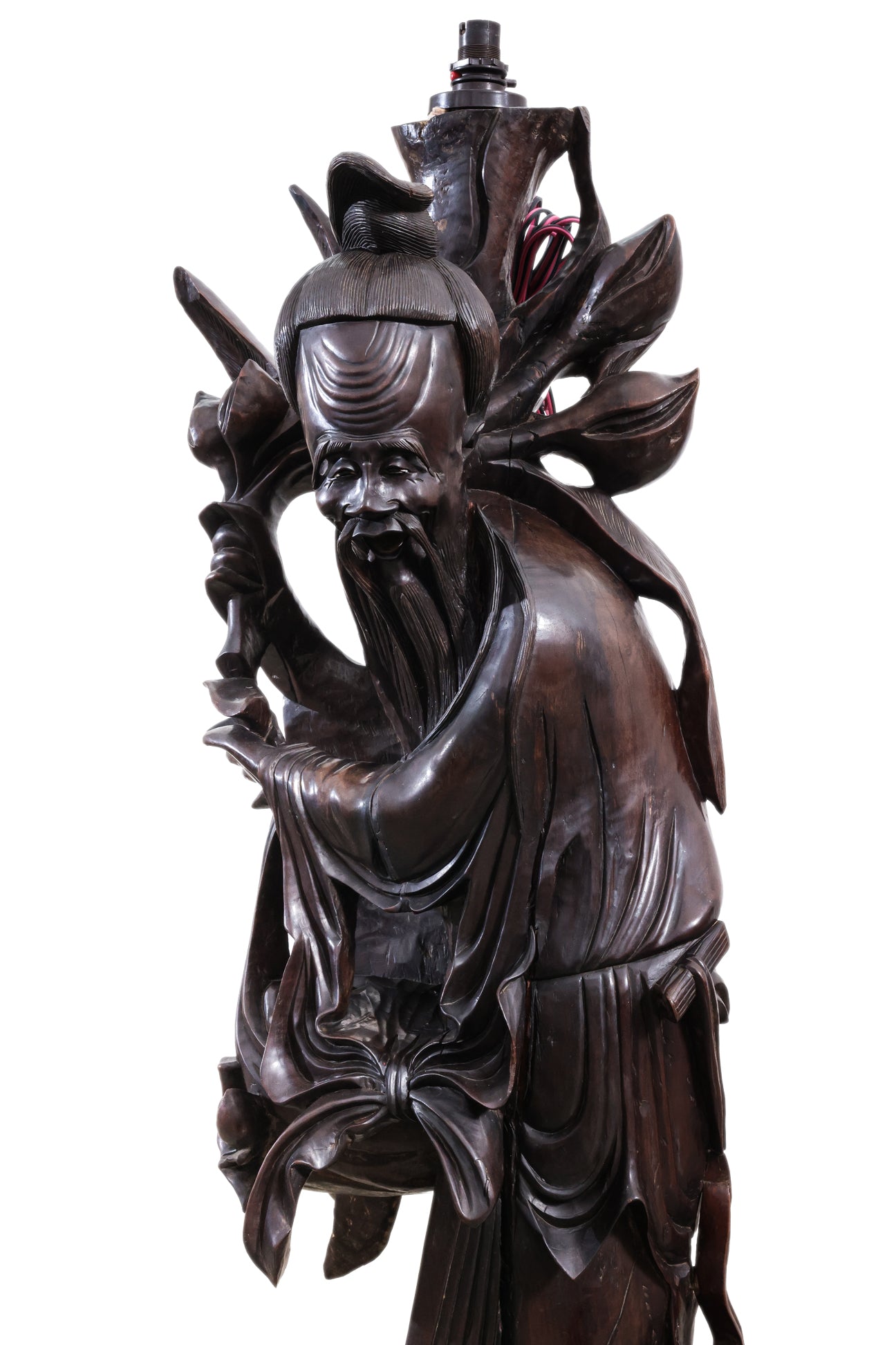 A VERY LARGE CHINESE CARVED HARDWOOD FIGURAL FLOOR LAMP