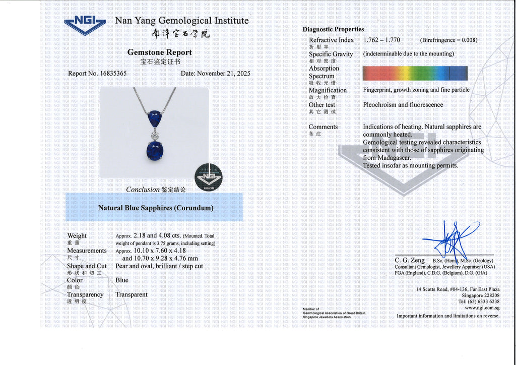 A BLUE SAPPHIRE AND DIAMOND PENDANT ON CHAIN