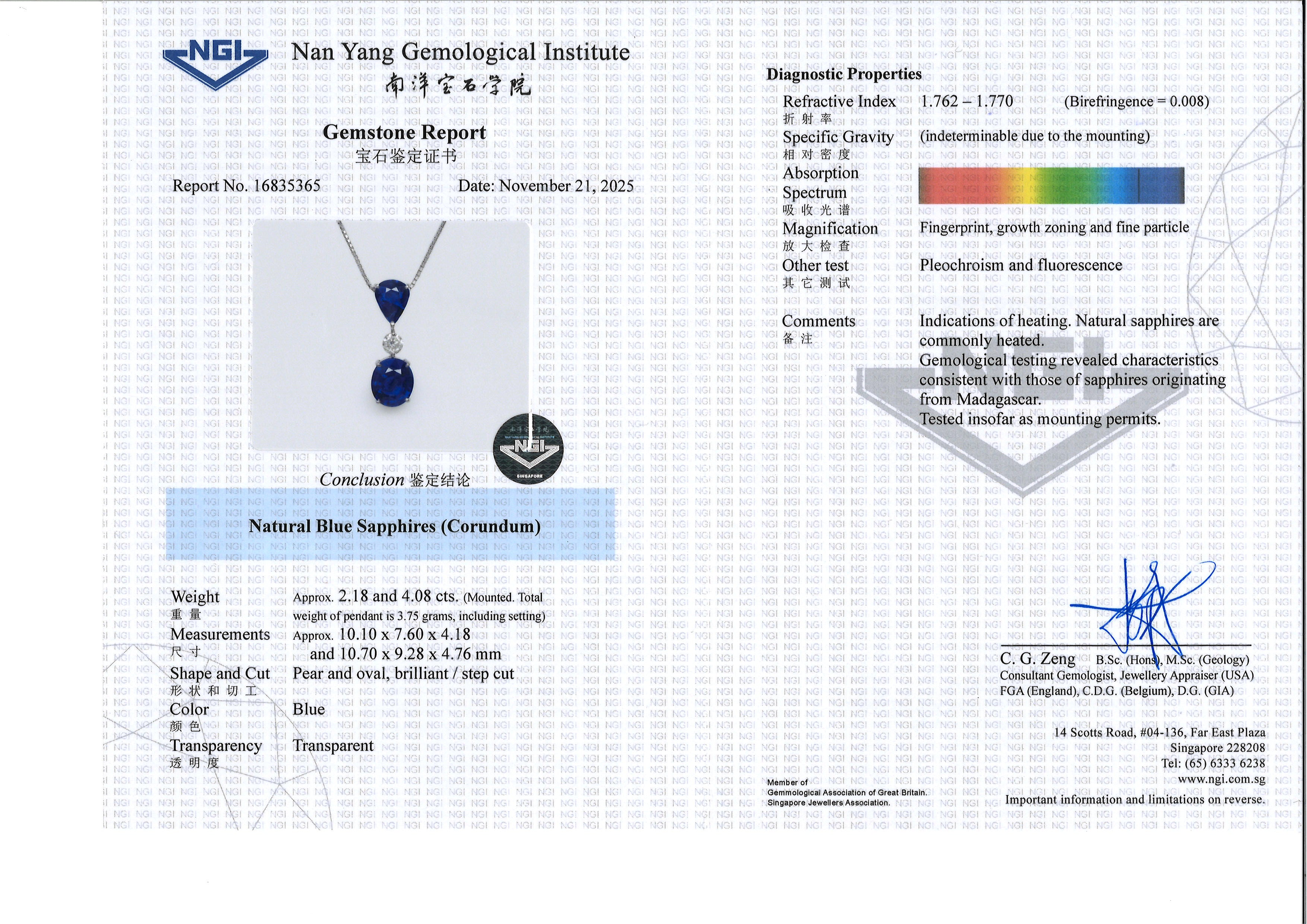 A BLUE SAPPHIRE AND DIAMOND PENDANT ON CHAIN