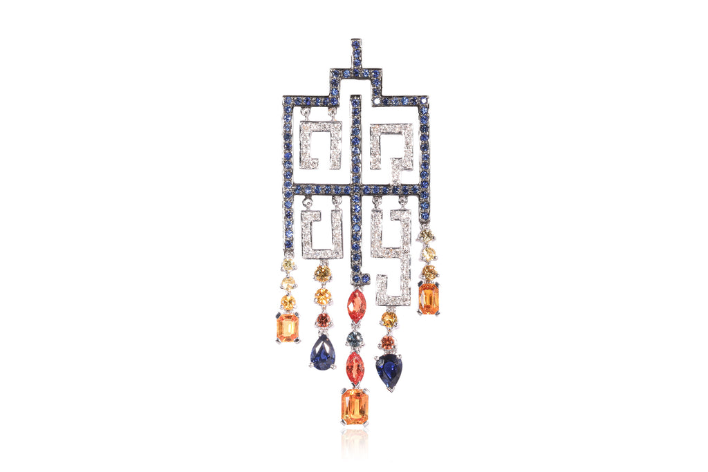 A GEOMETRIC MULTI-COLOUR SAPPHIRE AND DIAMOND PENDANT