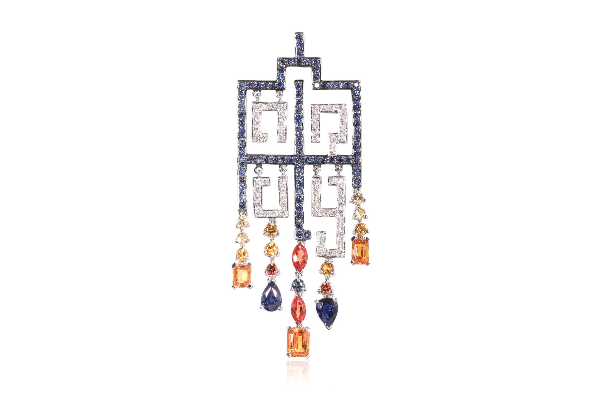 A GEOMETRIC MULTI-COLOUR SAPPHIRE AND DIAMOND PENDANT