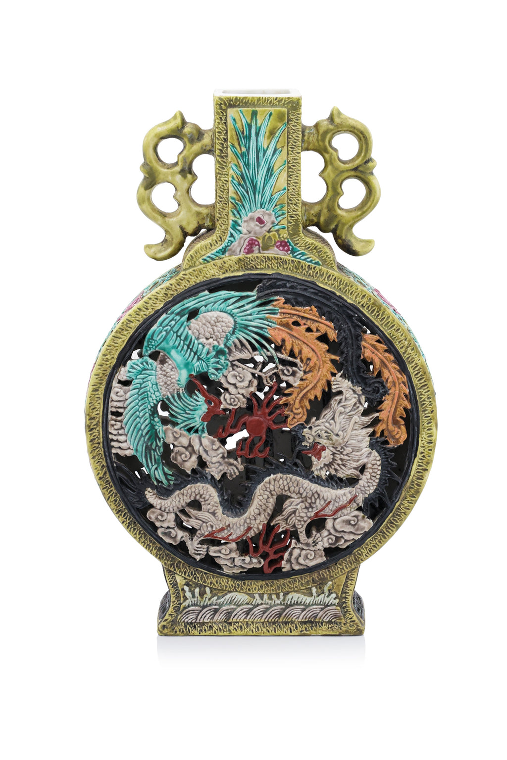 AN OPENWORK DRAGON AND PHOENIX BISCUIT PORCELAIN MOON FLASK