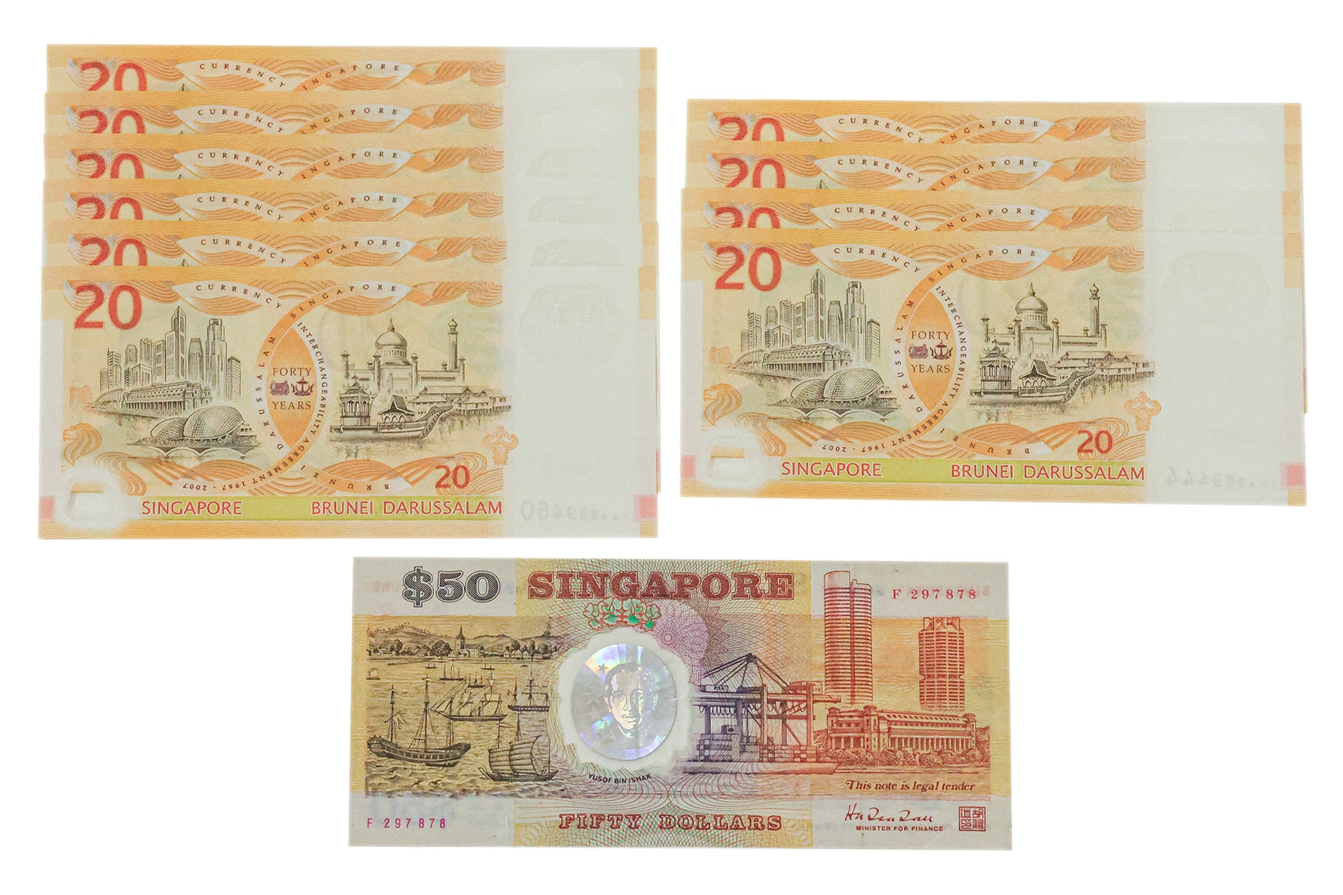 SINGAPORE, COMMEMORATIVE ISSUE ISSUE BANKNOTES $20 2007 (10) AND 1990 $50 (1)