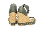 ALEXANDER MCQUEEN - A PAIR OF OLIVE GREEN LEATHER STUDDED ESPADRILLE WEDGE SANDALS
