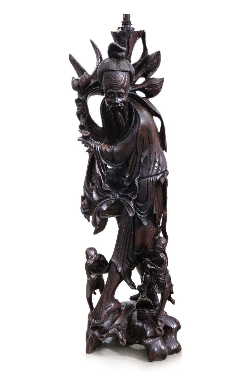 A VERY LARGE CHINESE CARVED HARDWOOD FIGURAL FLOOR LAMP