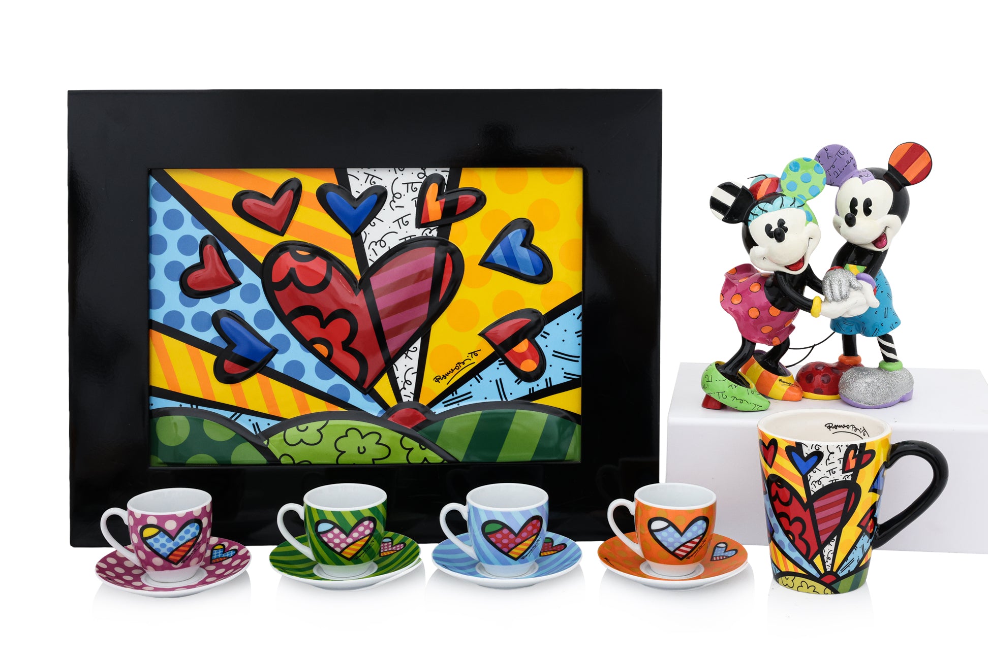 ROMERO BRITTO - A GROUP OF TABLEWARE, A DISNEY FIGURE, AND A PORCELAIN PLAQUE FOR GOEBEL