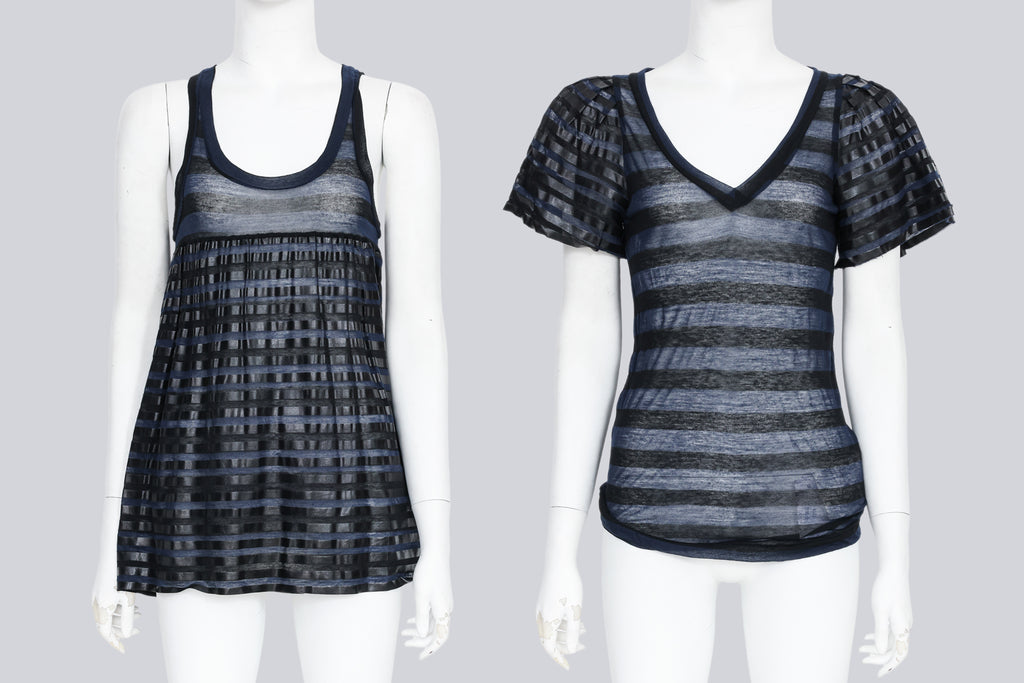 SACAI - A PAIR OF 2008 SHEER NAVY AND BLACK STRIPED TOPS WITH TENCEL ACCENTS
