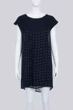 SACAI - A NAVY AND BLACK SILK-COTTON DRESS WITH PURPLE BEADED SQUARE MOTIF
