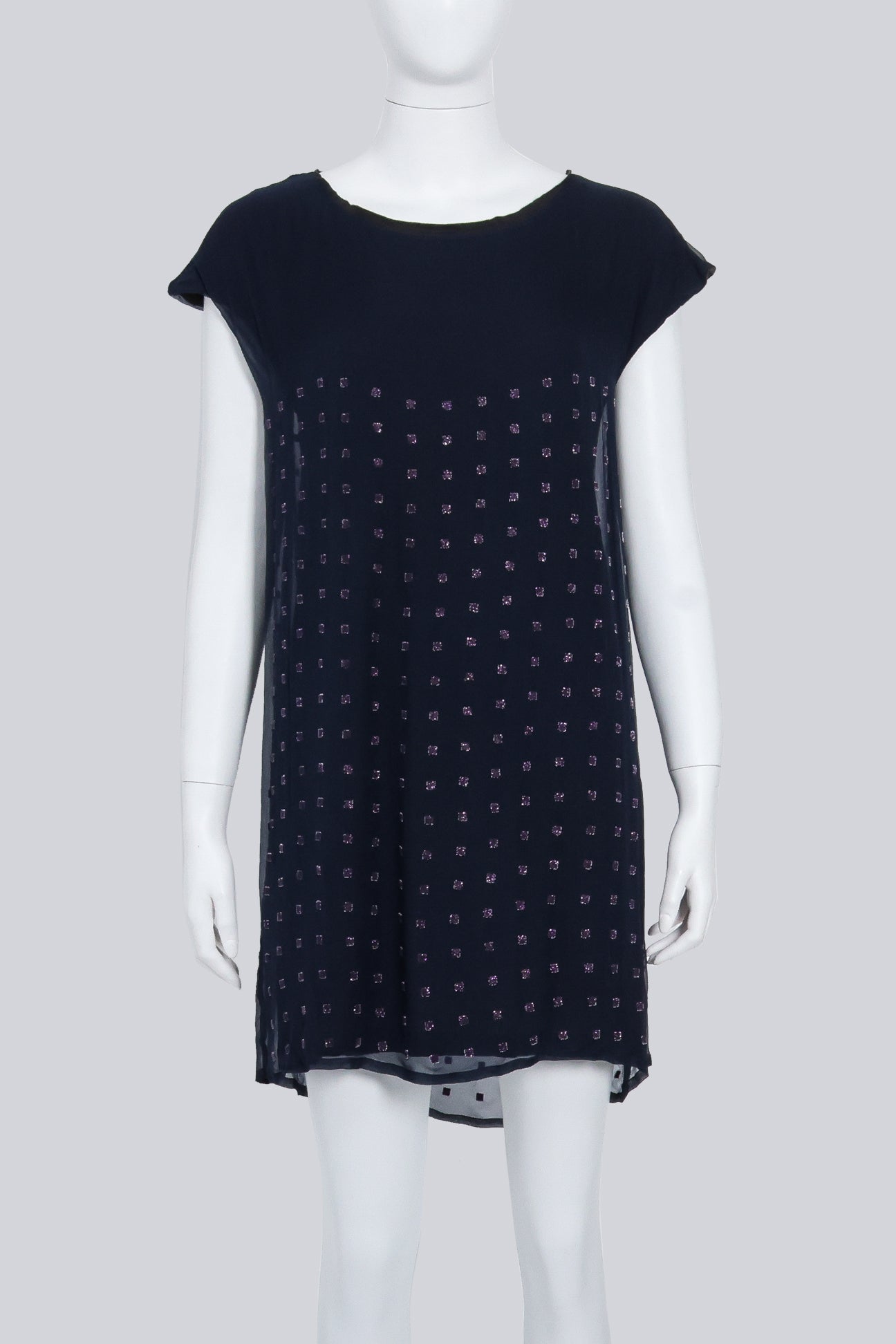 SACAI - A NAVY AND BLACK SILK-COTTON DRESS WITH PURPLE BEADED SQUARE MOTIF