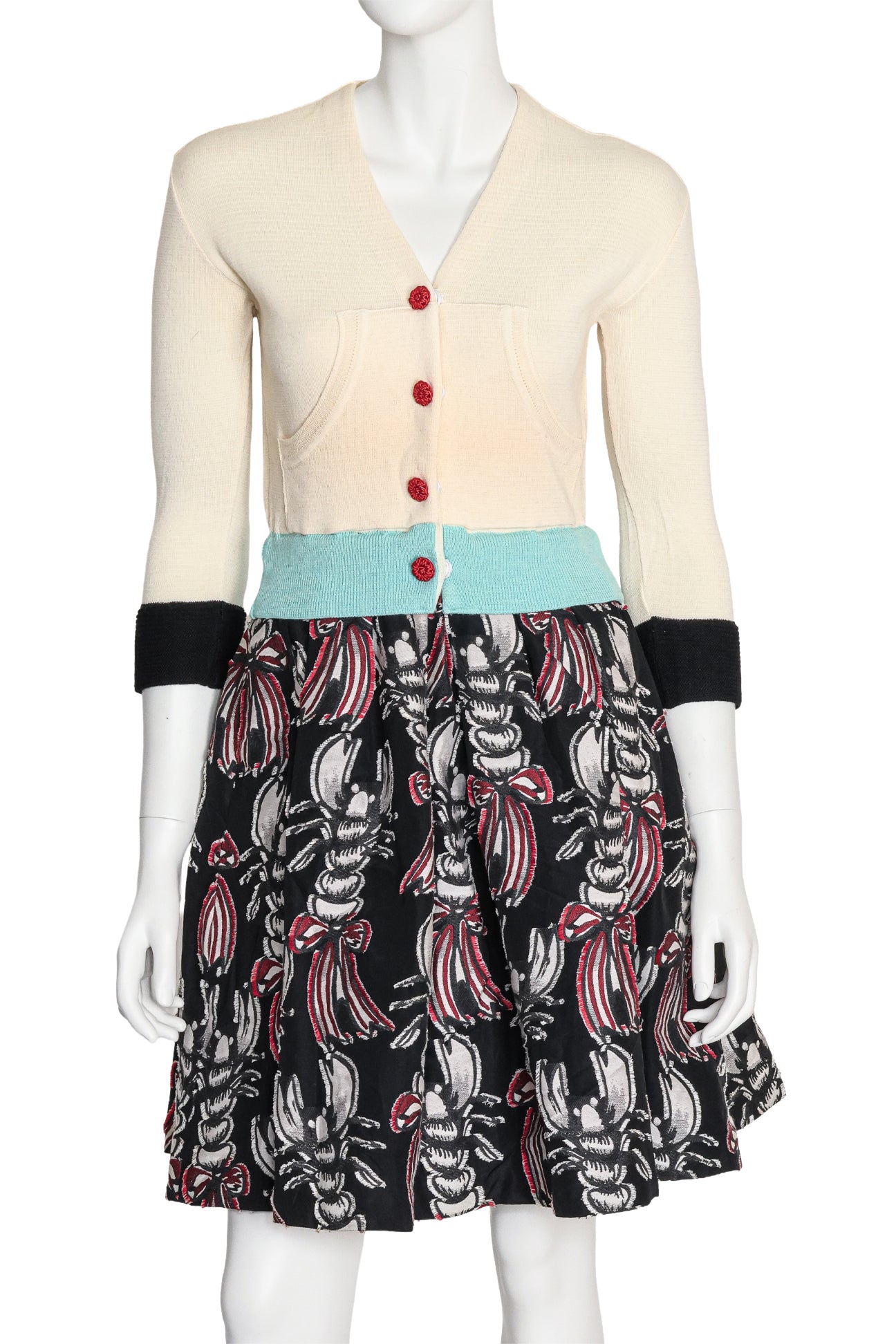 TSUMORI CHISATO - A CREAM WOOL KNIT CARDIGAN AND PRINTED SKIRT MOCK TWO-PIECE DRESS