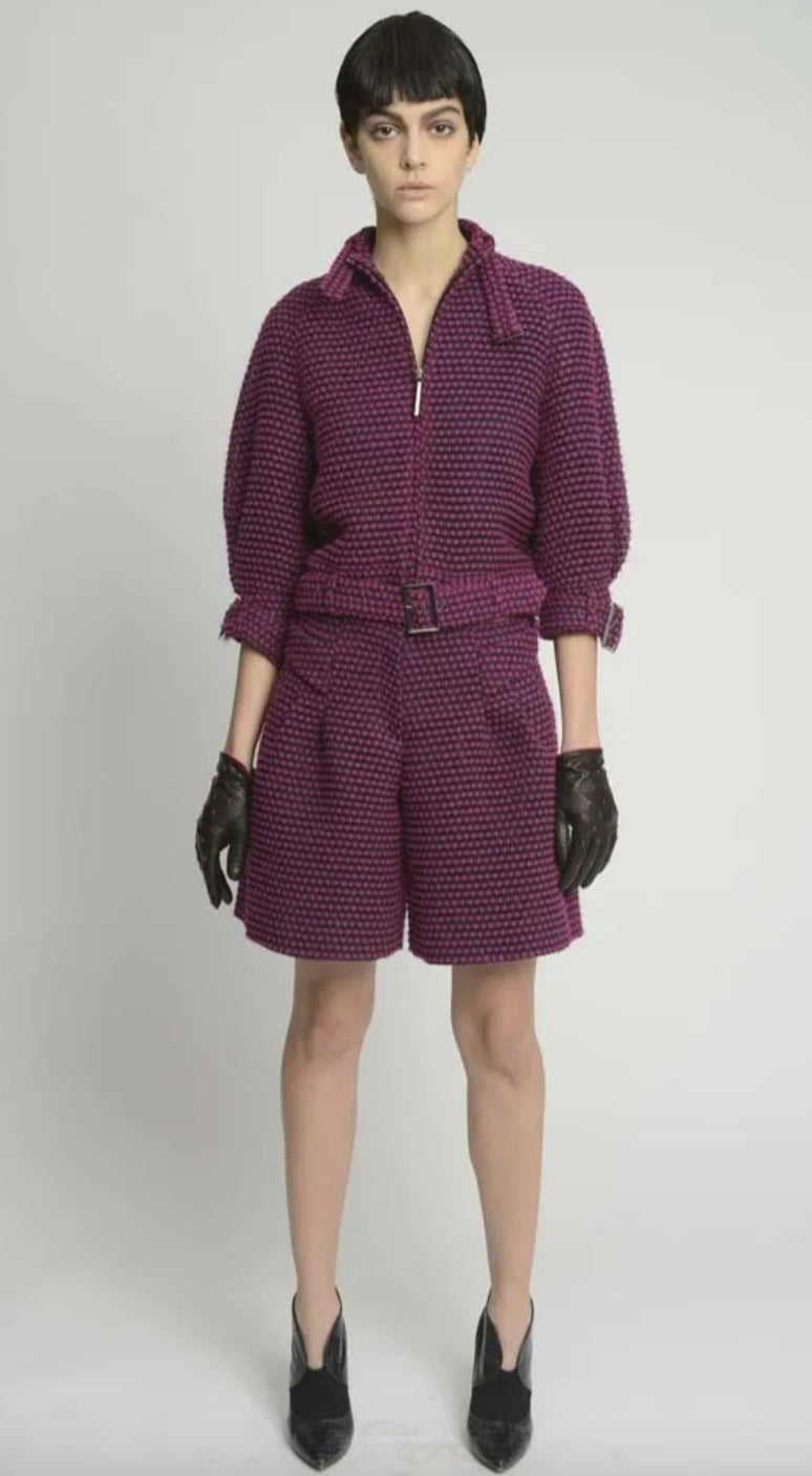 EMPORIO ARMANI - A PINK AND BLACK BELTED JACKET WITH BUCKET DETAILS, PRE-FALL 2014
