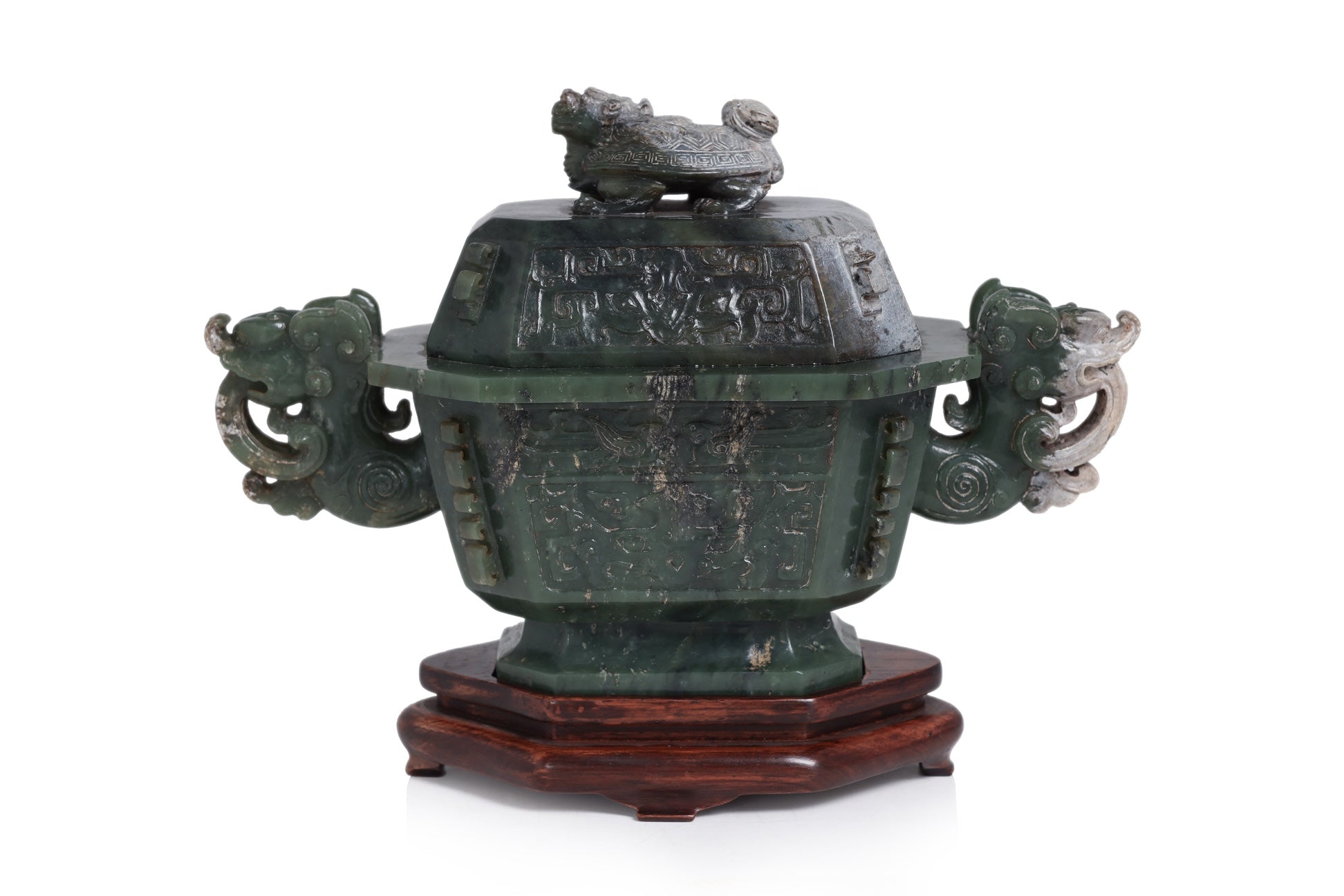 A SPINACH GREEN JADE ARCHAISTIC TWIN HANDLED CENSER AND COVER