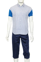 COMME DES GARCONS SHIRT - A STRIPED BUTTON-UP SHIRT AND TRACK PANTS ENSEMBLE