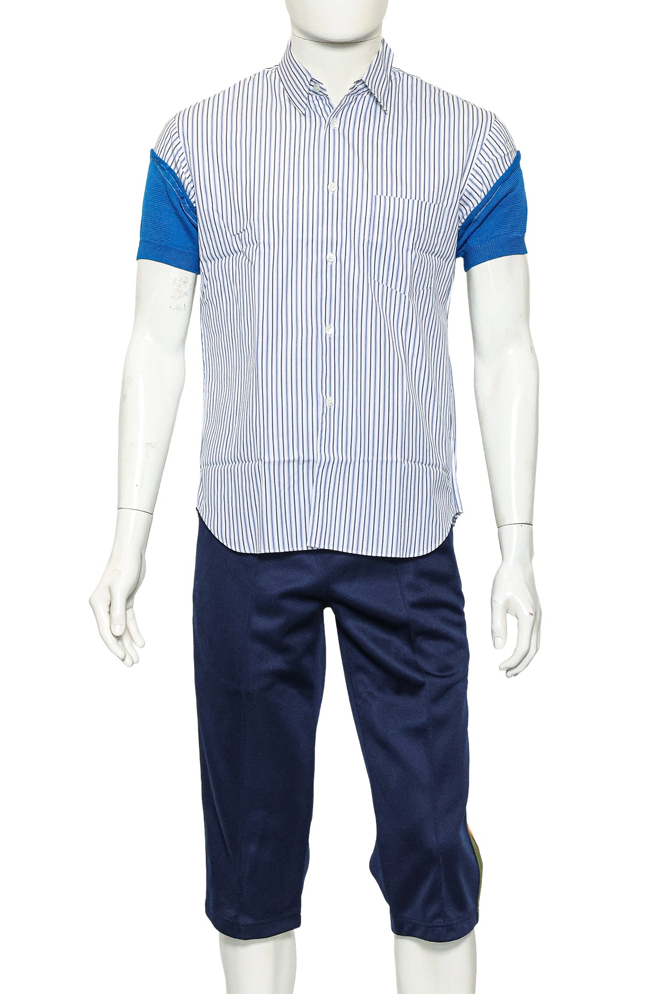 COMME DES GARCONS SHIRT - A STRIPED BUTTON-UP SHIRT AND TRACK PANTS ENSEMBLE