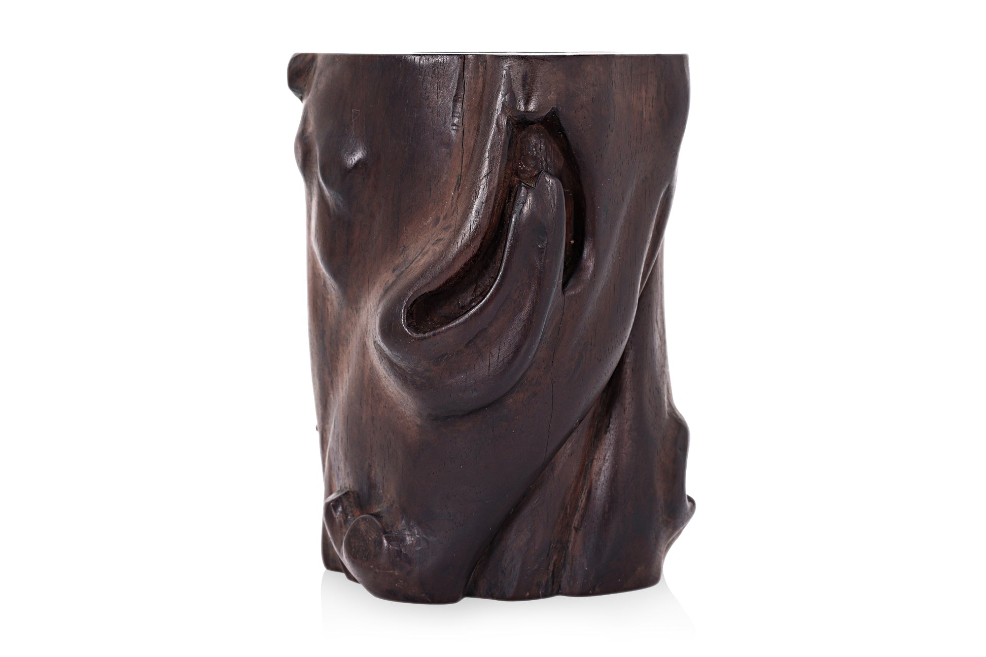 A CARVED HARDWOOD BRUSH POT