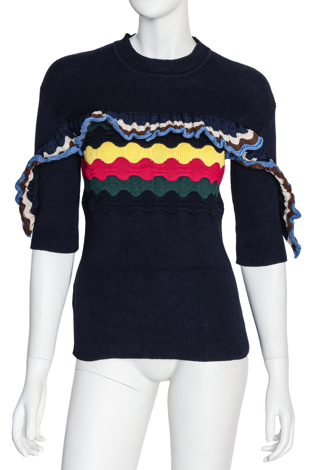 MARNI - A NAVY MULTICOLOURED RIBBED KNIT SWEATER