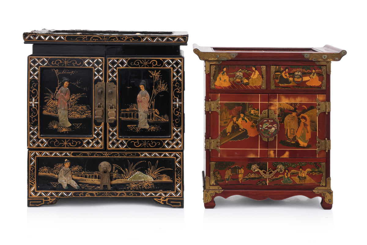 TWO CHINESE LACQUER JEWELLERY BOXES