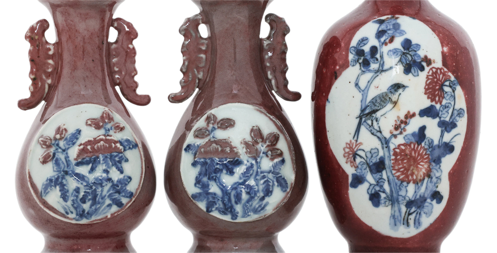 THREE UNDERGLAZE BLUE AND COPPER RED PORCELAIN VASES