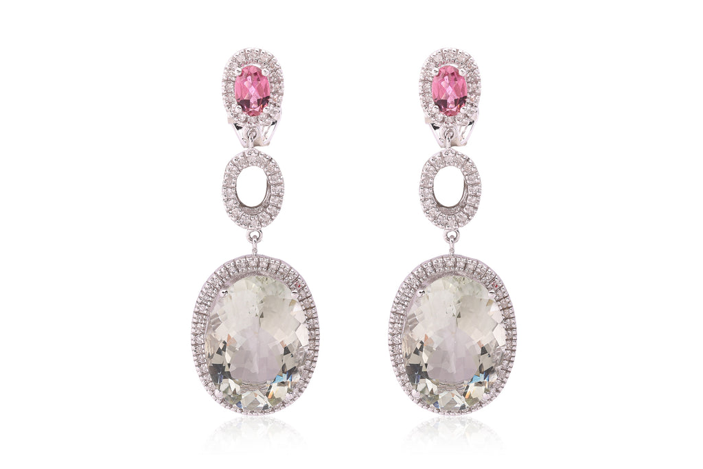 A PAIR OF PRASIOLITE, PINK TOURMALINE AND DIAMOND EARRINGS