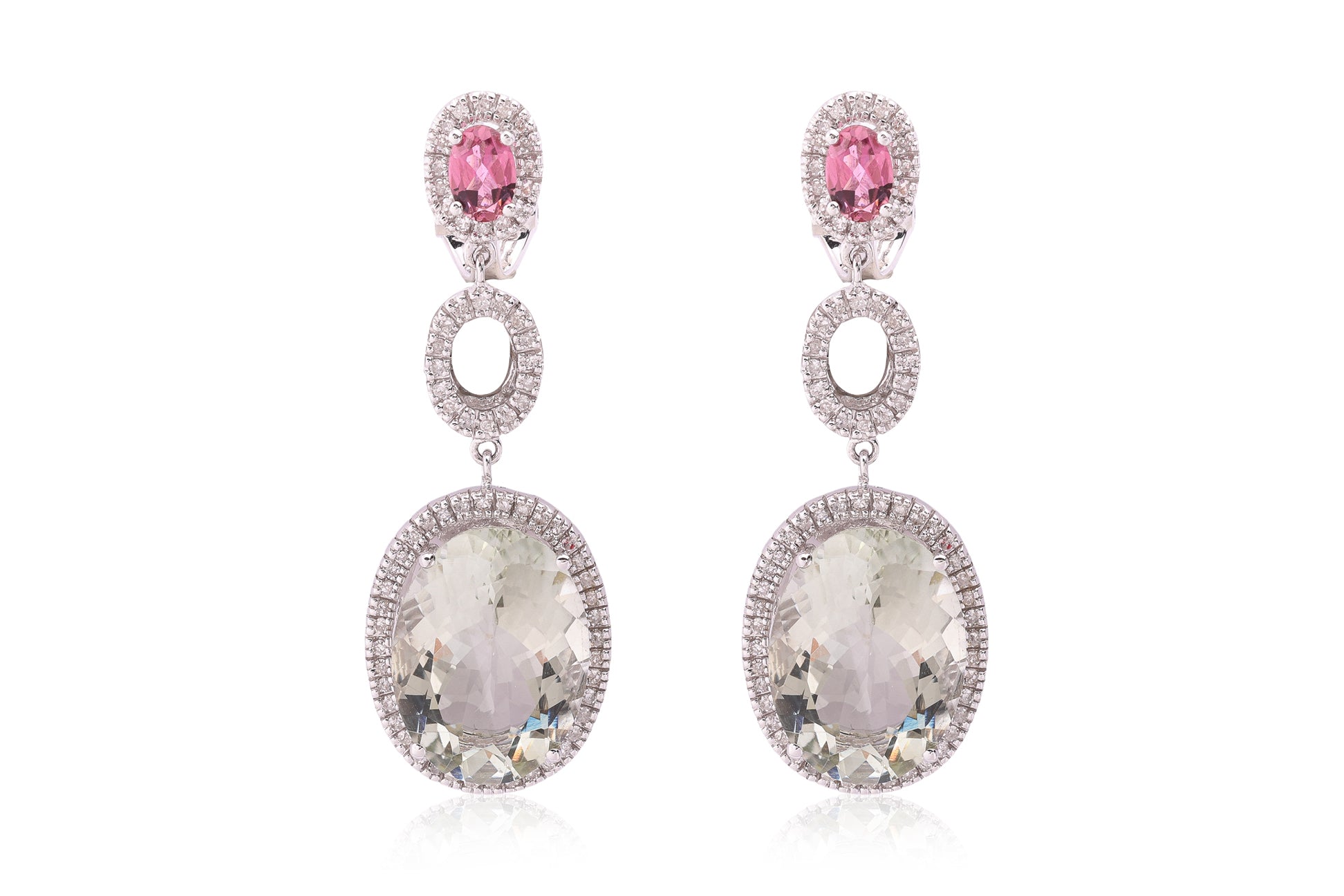 A PAIR OF PRASIOLITE, PINK TOURMALINE AND DIAMOND EARRINGS