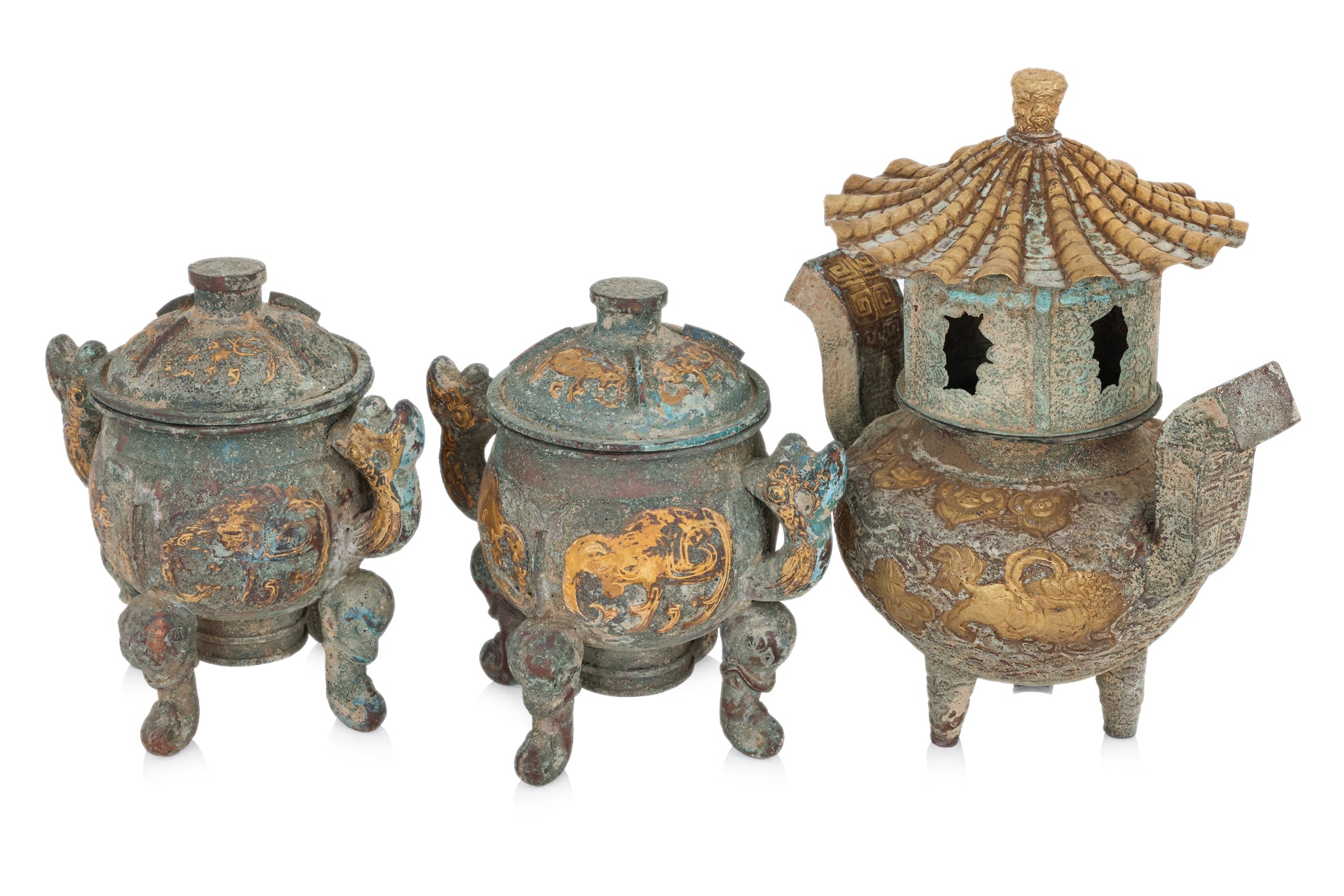 THREE GILT BRONZE CENSERS