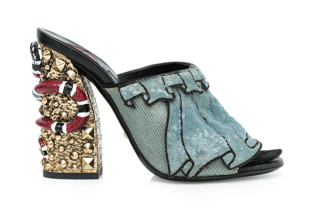 GUCCI - A PAIR OF BLUE SEQUIN RUFFLE TROMPE L'OEIL MULES