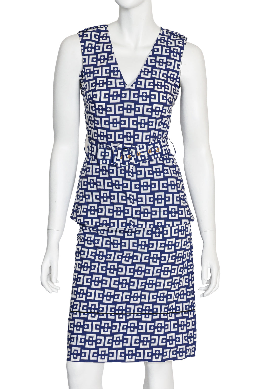 MARNI - A BLUE AND WHITE GEOMETRIC BELTED TOP AND SKIRT SET, SUMMER EDITION 2013
