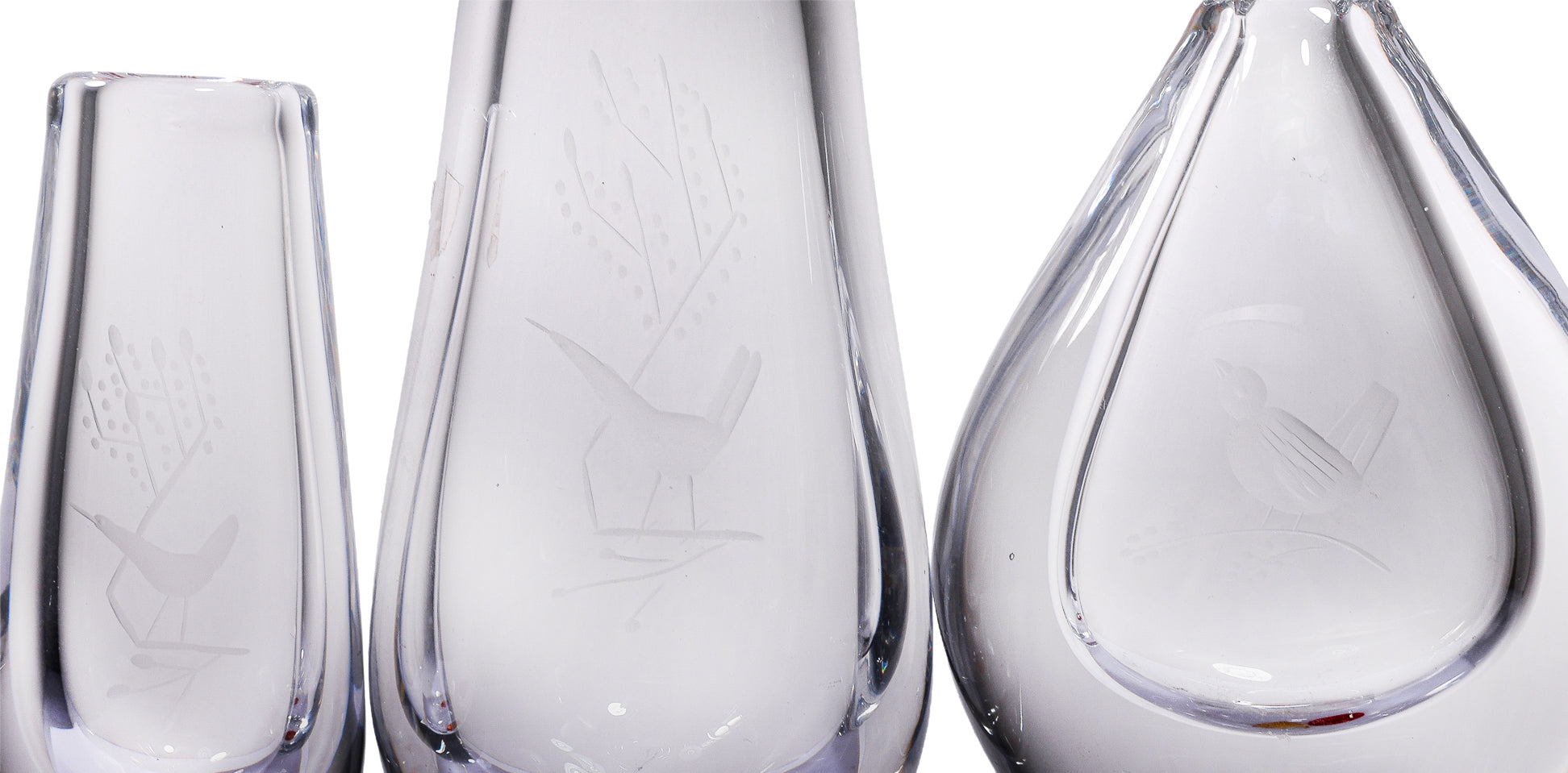 A GROUP OF THREE ORREFORS ETCHED 'BIRD' GLASS VASES