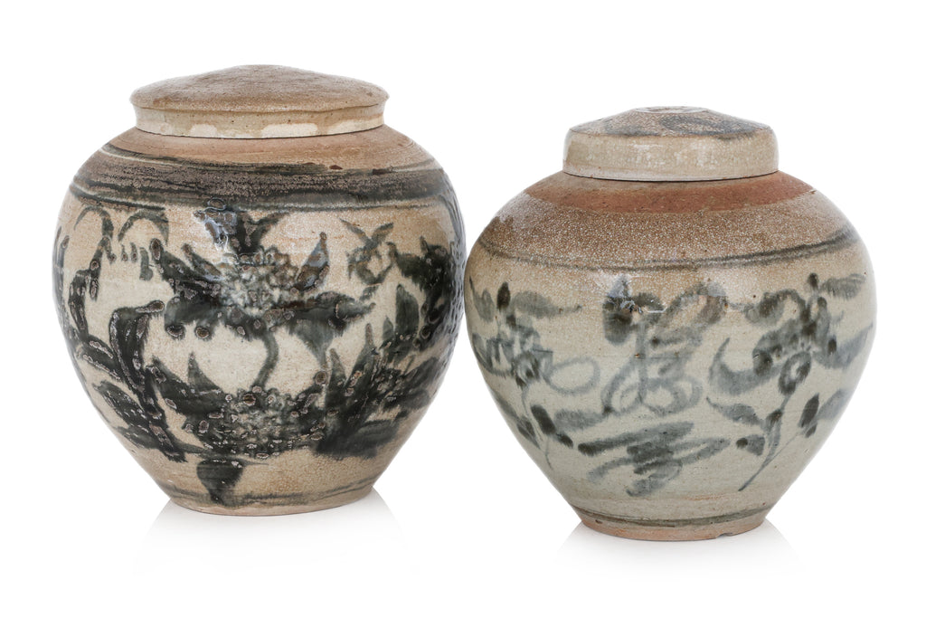 TWO BLUE AND WHITE JARS AND COVERS