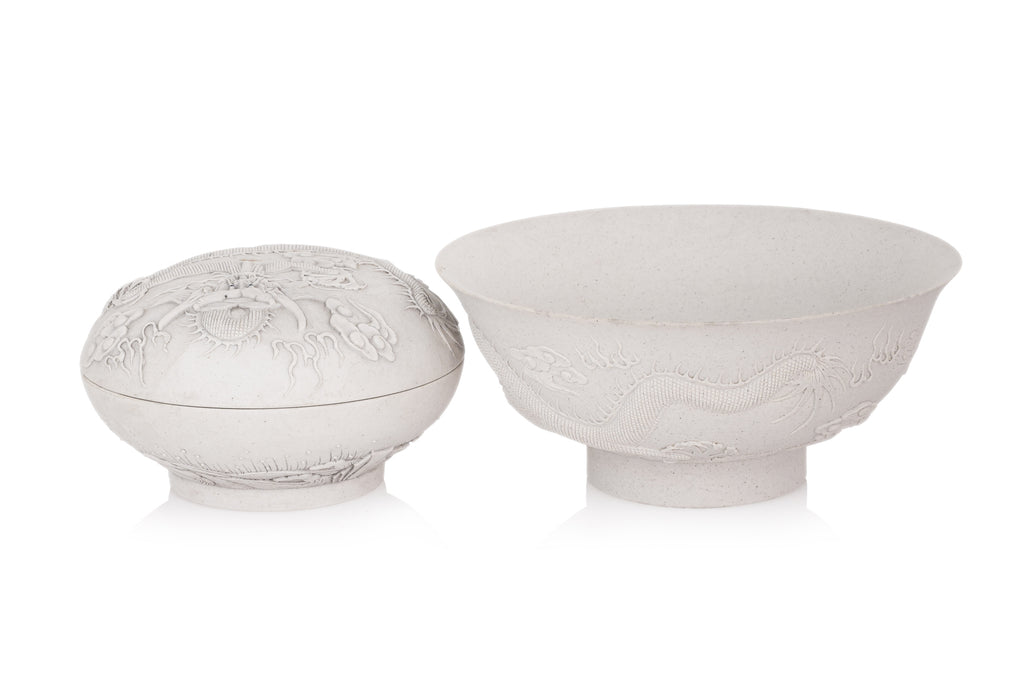 A CARVED BISCUIT PORCELAIN BOWL AND CIRCULAR BOX