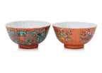 TWO FAMILLE ROSE CORAL GROUND 'SHOU' BOWLS