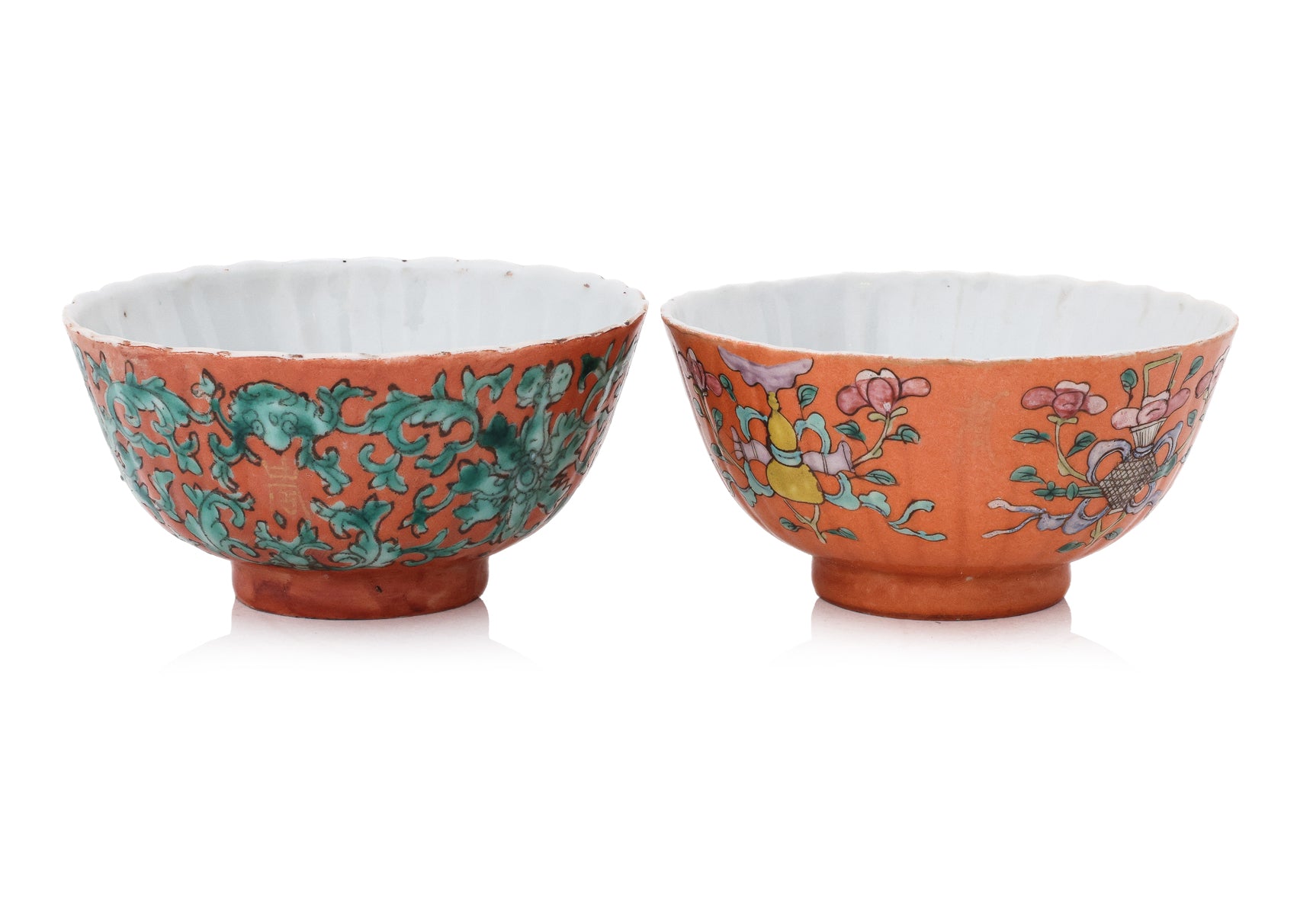 TWO FAMILLE ROSE CORAL GROUND 'SHOU' BOWLS