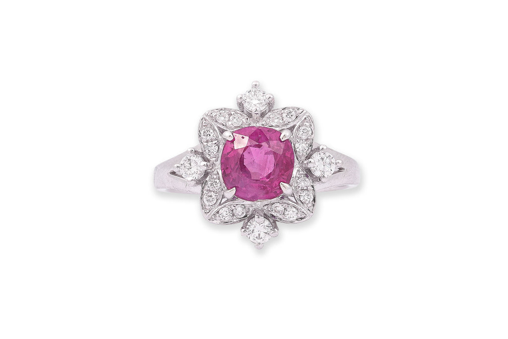 AN UNHEATED BURMESE RUBY AND DIAMOND CLUSTER RING