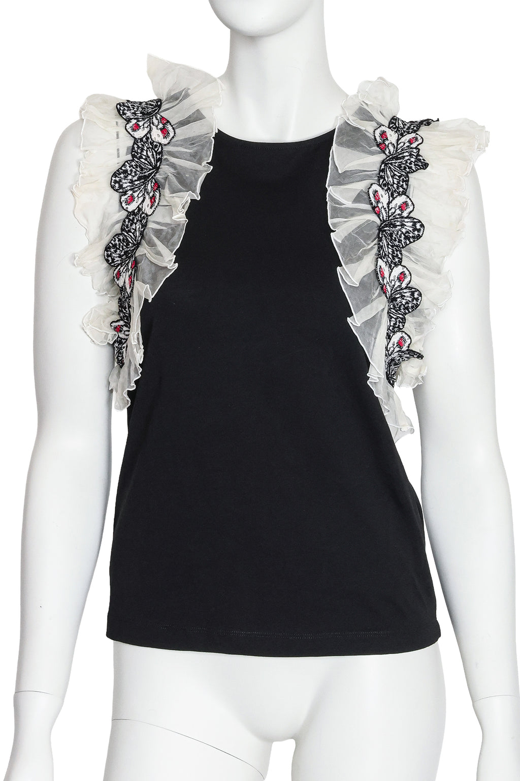 GIAMBA - A BLACK COTTON BLOUSE WITH EMBROIDERED BUTTERFLY SILK INSERTS