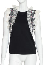 GIAMBA - A BLACK COTTON BLOUSE WITH EMBROIDERED BUTTERFLY SILK INSERTS