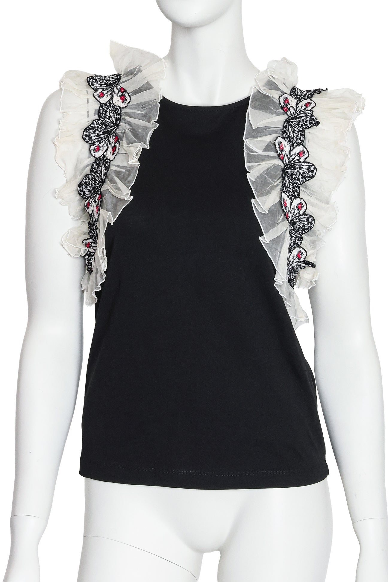 GIAMBA - A BLACK COTTON BLOUSE WITH EMBROIDERED BUTTERFLY SILK INSERTS