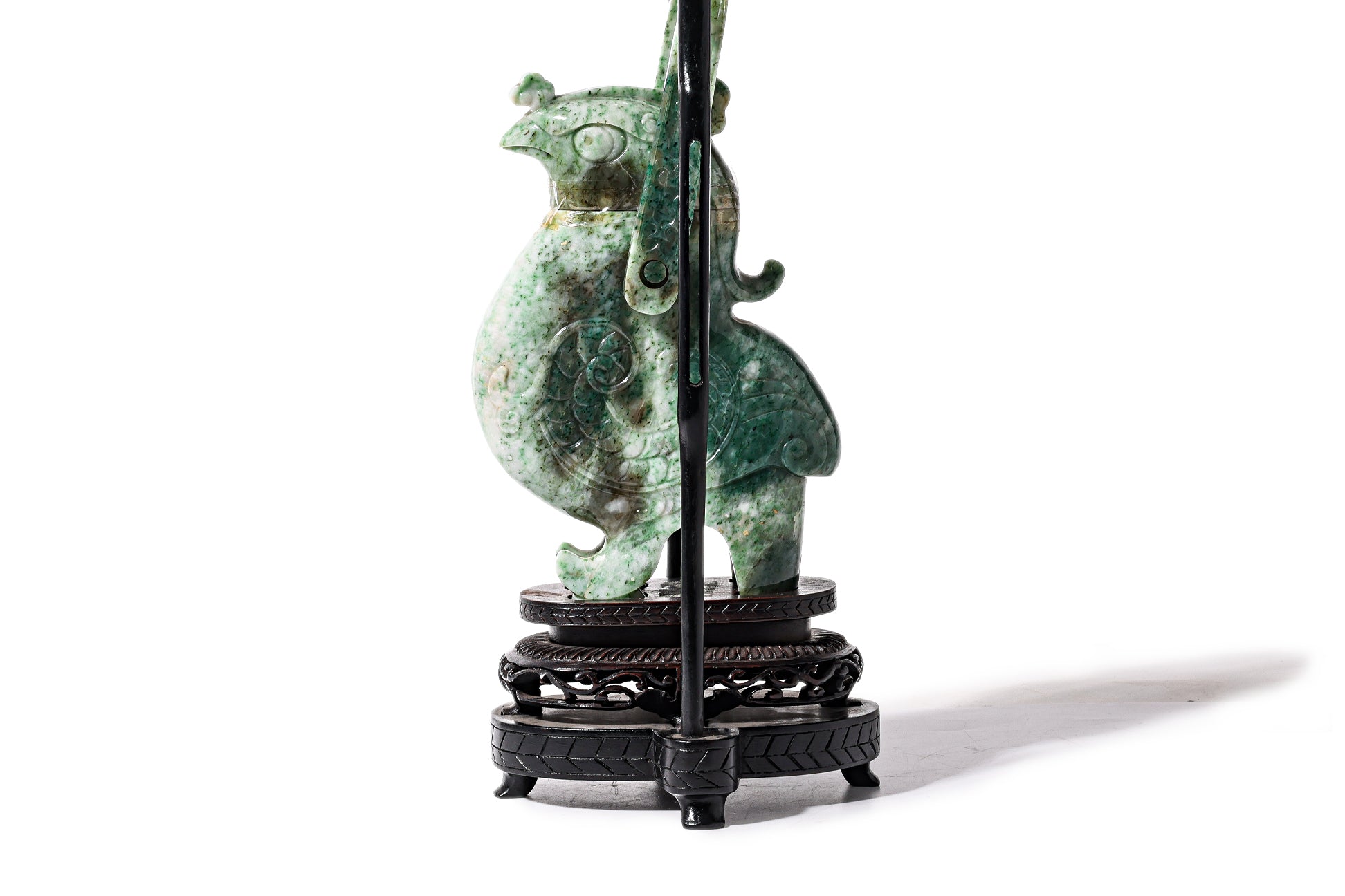 A JADEITE BIRD FORM VASE AND COVER WITH HANDLE