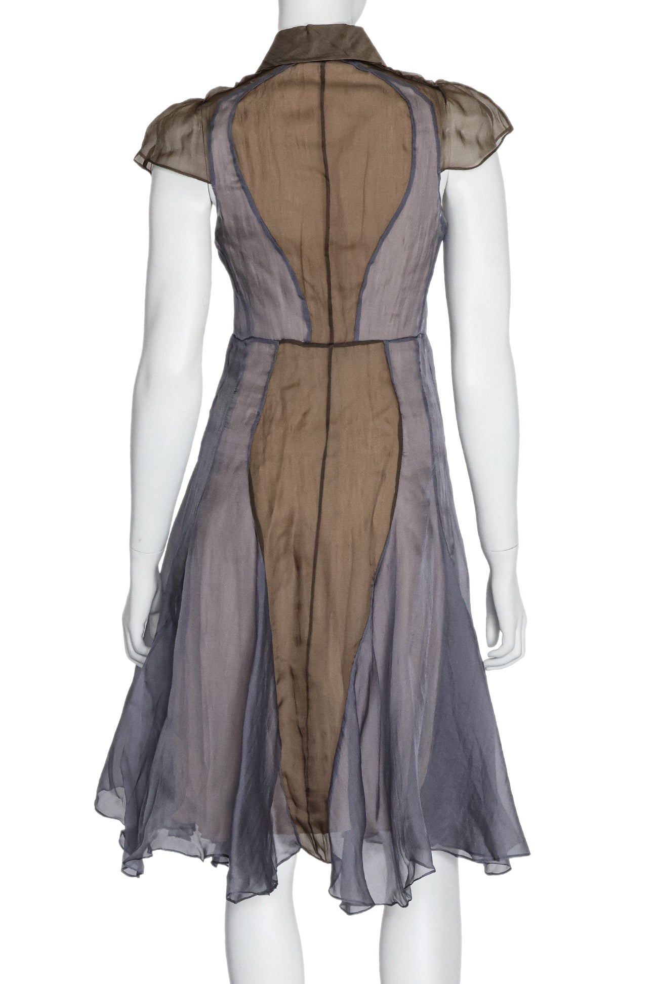 CARVEN - A MULTICOLOURED SILK DRESS WITH COLLAR AND SHOULDER PLEATS