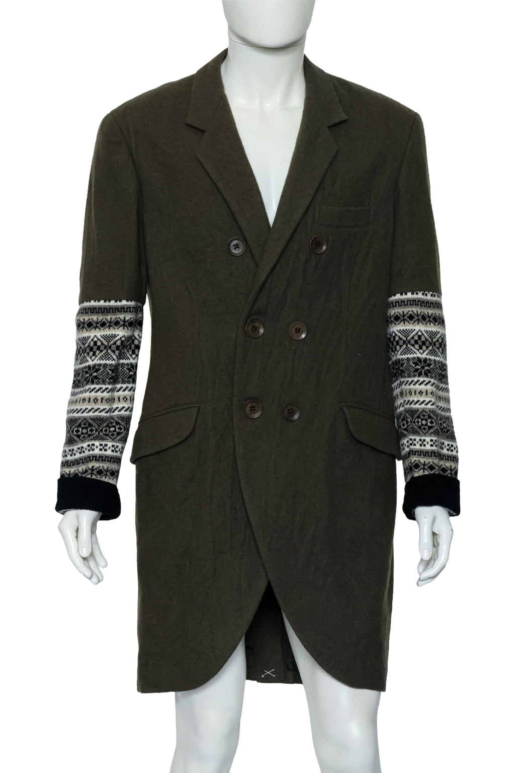 YOHJI YAMAMOTO POUR HOMME - AN OLIVE WOOL COAT WITH CONTRAST KNITTED SLEEVE